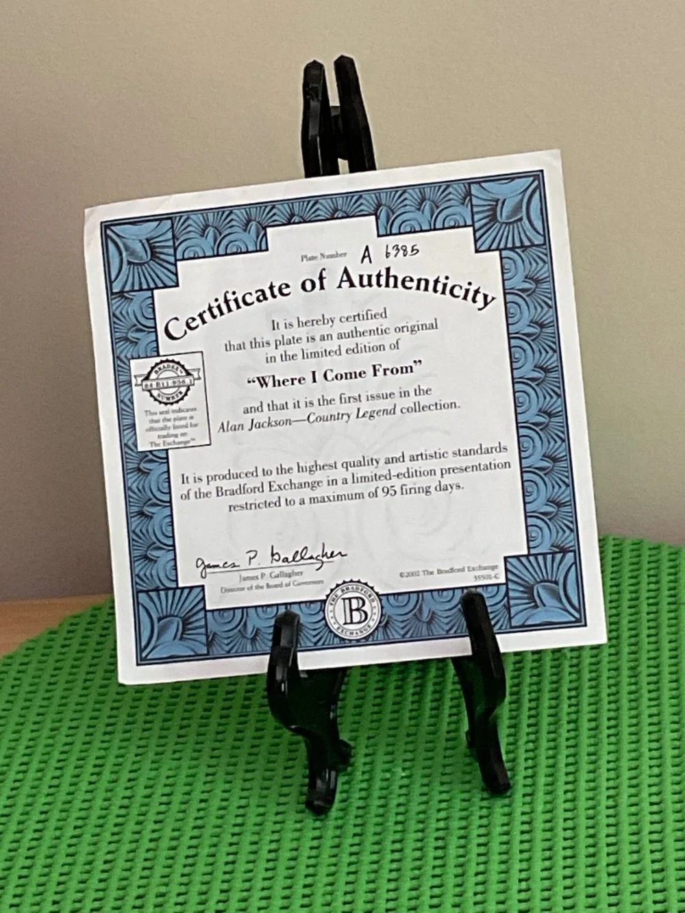 Alan Jackson Guitar Collectible Plaque w/ Certificate of Authenticity 2002